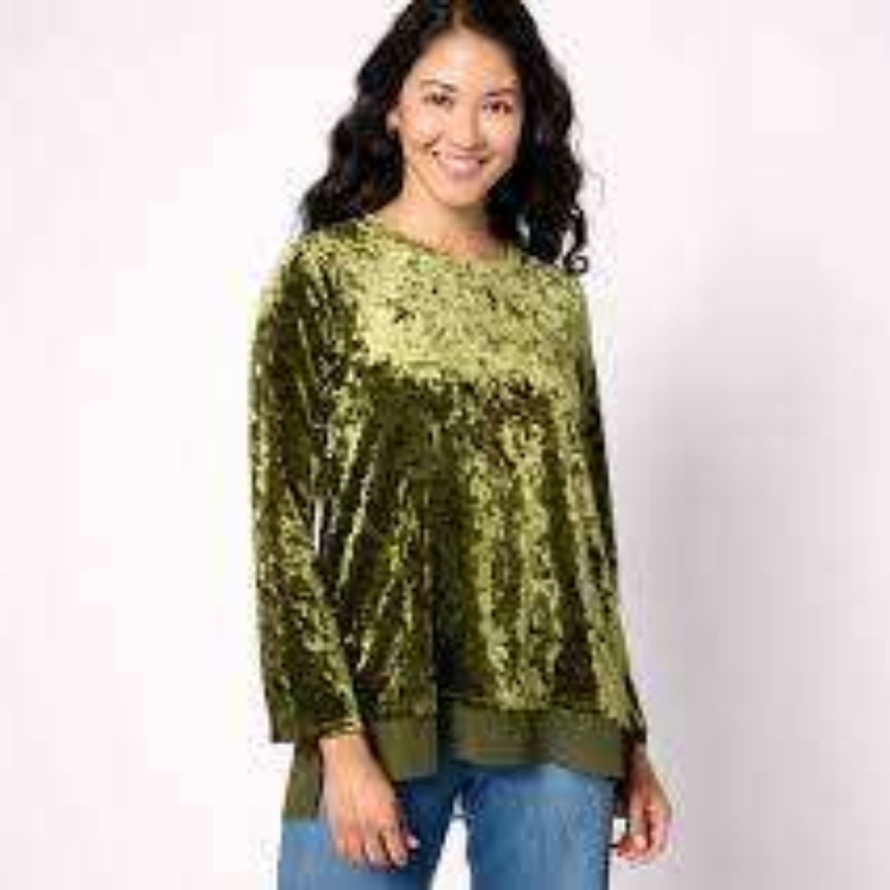 LOGO by Lori Goldstein Knit Crushed Velvet Top w/ Chiffon Hem Size Med NWOT